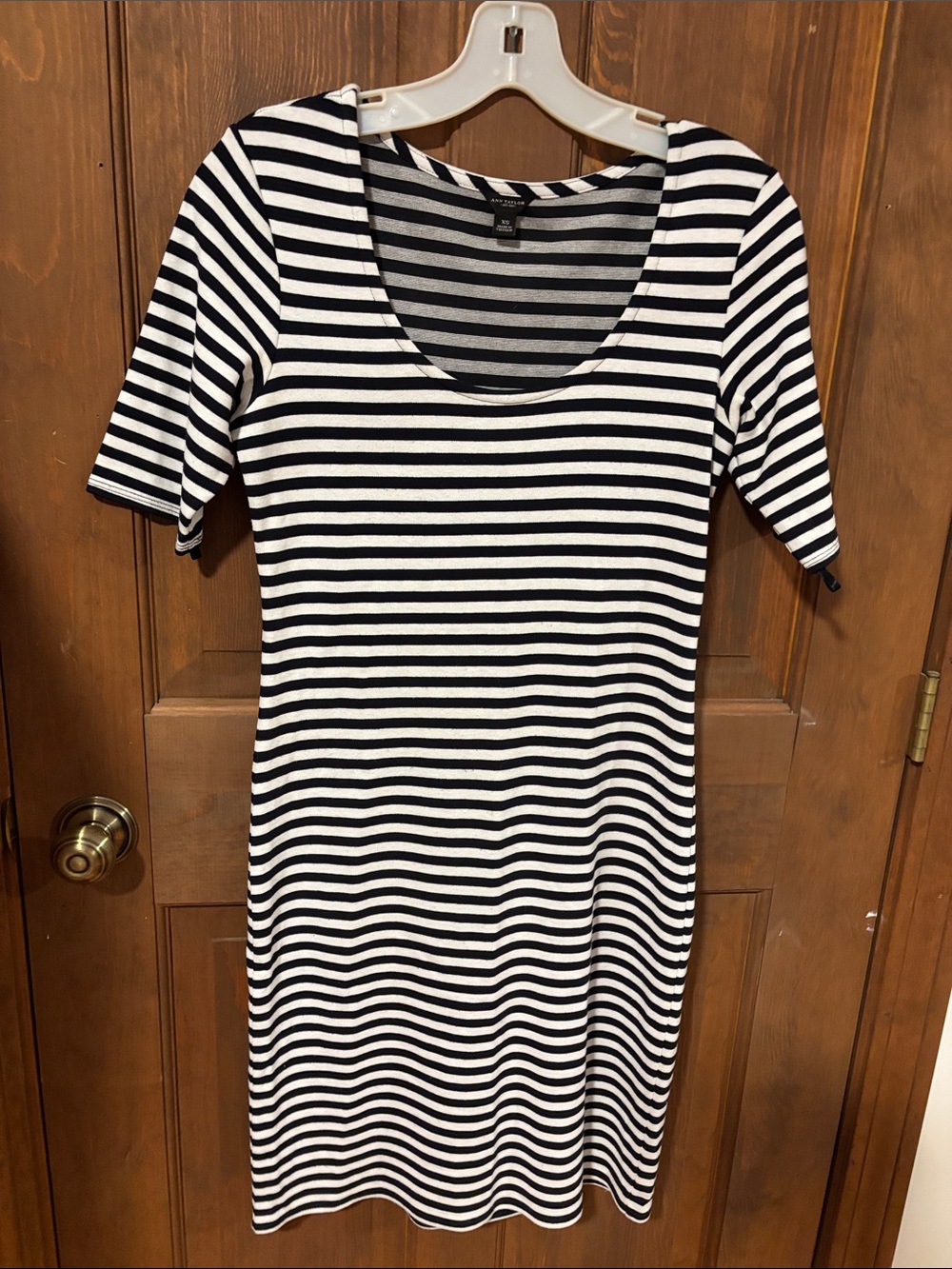 Ann Taylor Black and White Striped Midi Scoop Neck Dress